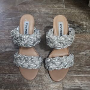 Steve Madden Women’s Silver Braided Crystal Slide Block Heels Like New Size 5.5